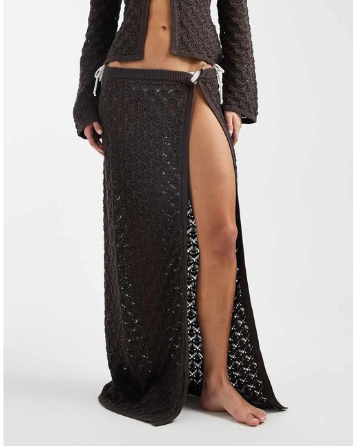 4th & Reckless White Cotton Rich Crochet Knit Metal Detail Side Split Maxi Beach Skirt Co-ord