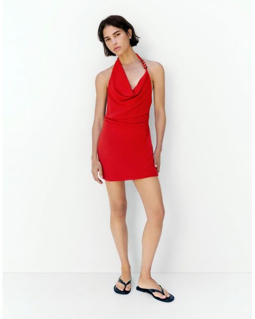 Pull&Bear Red Short Halter Dress With Appliqués