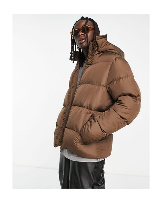 ASOS Puffer Jacket With Detachable Hood in Brown for Men Lyst
