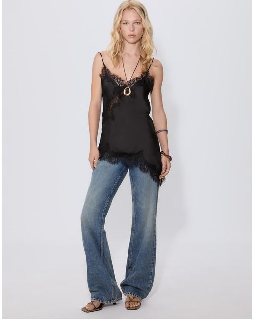Stradivarius Black Asymmetric Lace Camisole Top