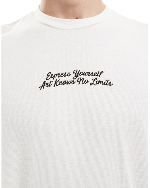 Bershka White Boxy Textured Front Print T-shirt for men