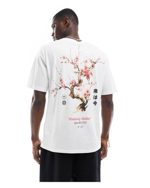 Jack & Jones White Oversized Cherry Blossom Back Print T-shirt for men