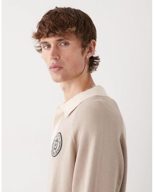 Prohibited – langärmliges, gestricktes oversize-polohemd in Natural für Herren