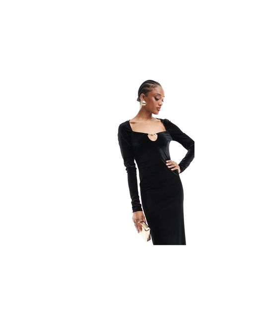 ASOS Black Asos Design Tall Scoop Velvet Midi Dress With Pearl Strap