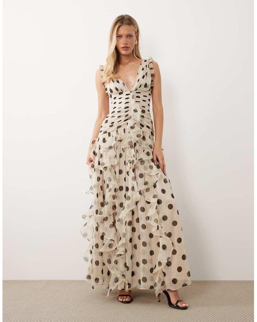 ASOS Natural Ruched Maxi Dress With Waterfall Detail