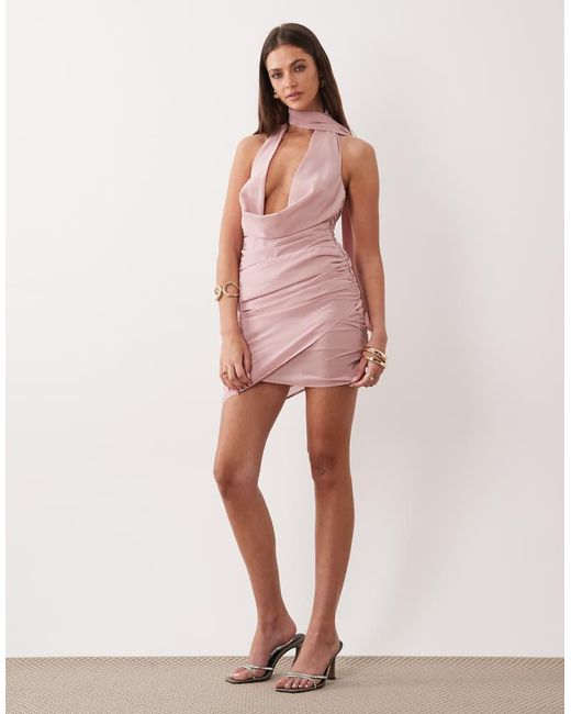 The Frolic Pink Exclusive Exaggerated Plunge Neck Tie Detail Wrap Mini Dress