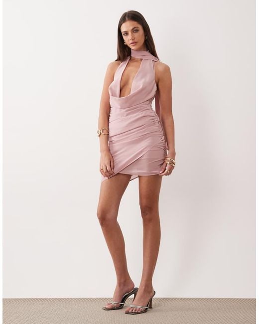 The Frolic Pink Exclusive Exaggerated Plunge Neck Tie Detail Wrap Mini Dress