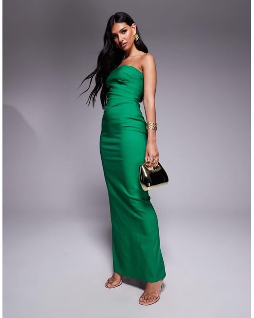 Vesper Green Bengaline Drape Waist Bandeau Maxi Dress