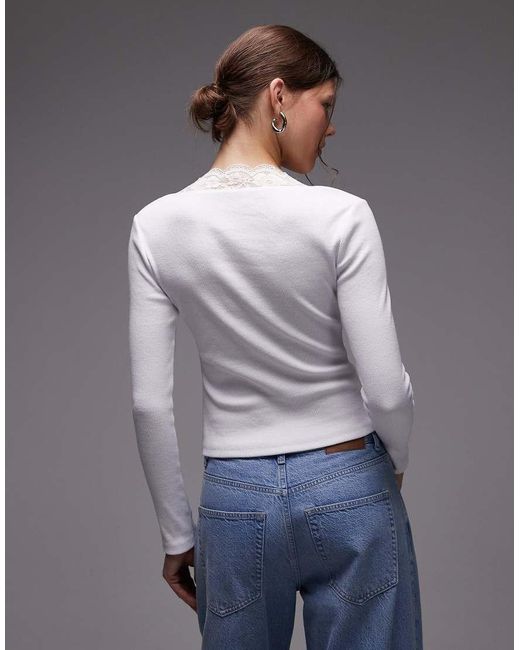 ASOS Gray Sweetheart Lace Trim Rib Long Sleeve Top