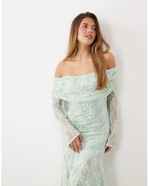 ASOS Green Lace Off The Shoulder Long Sleeve Maxi Dress