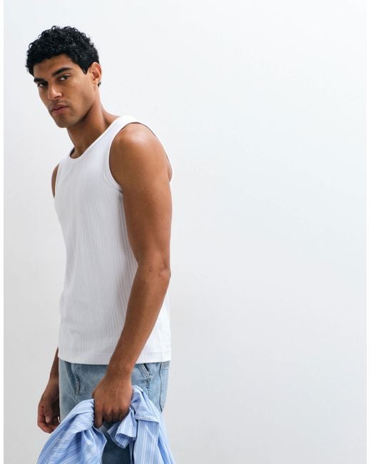 SELECTED White Ribbed Vest Top for men