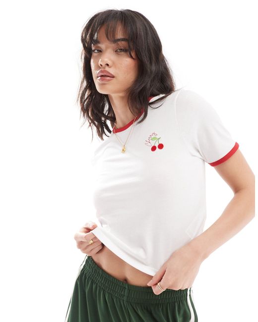 Pieces White Contrast Trim Cropped T-shirt With 'cherry' Print