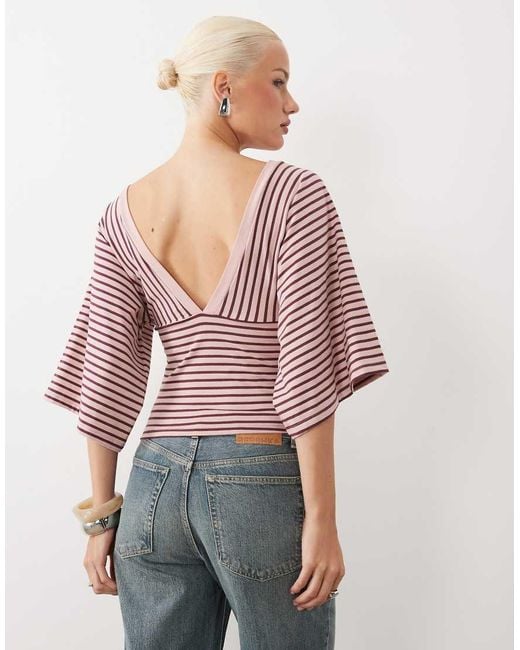Gina Tricot Pink Deep V Neck Wide Sleeve Top