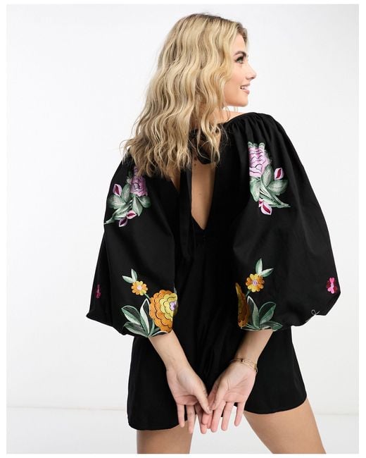 ASOS Smock Playsuit With Embroidered Sleeves in Black | Lyst Australia