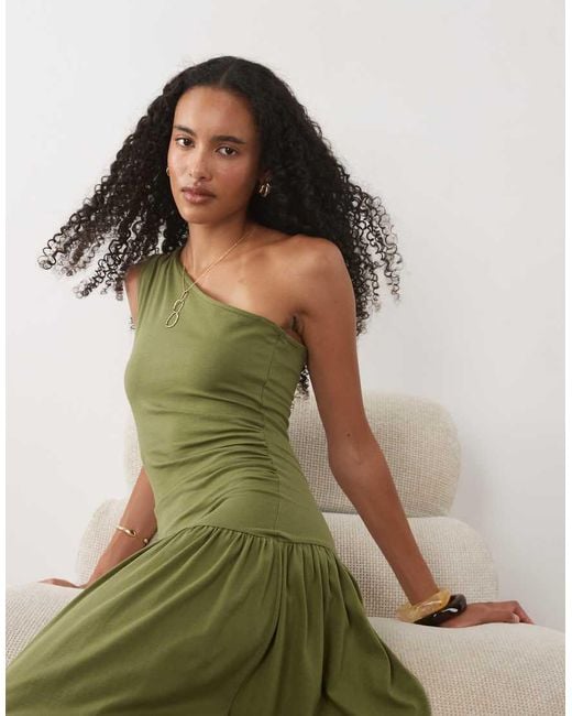ASOS Green Ruched One Shoulder Dropped Waist Maxi Dress