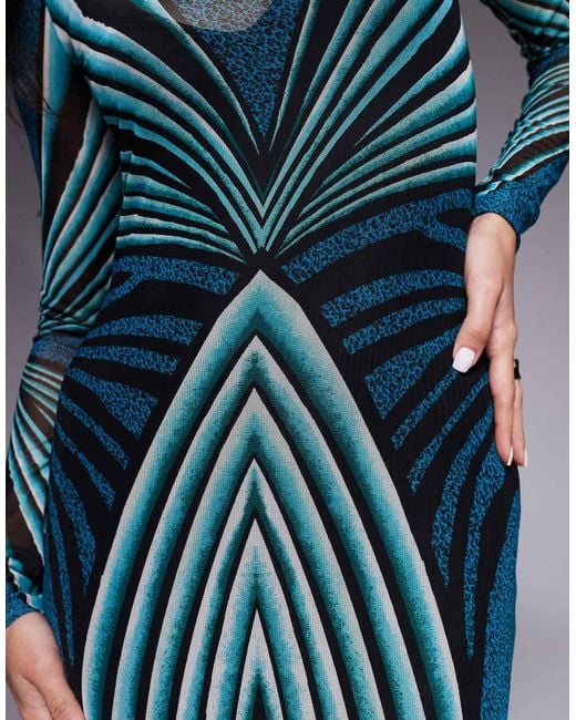 AFRM Blue Stretch Mesh Abstract Stripe High Neck Long Sleeve Maxi Dress