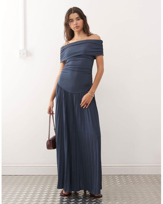 Lioness Field Of Dreams Foldover Bardot Ruched Drop Waist Pleated Maxi Dress  in Blue | Lyst Australia