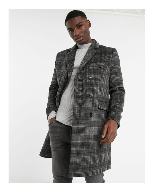 French Connection Double Breasted Check Overcoat in Gray for Men