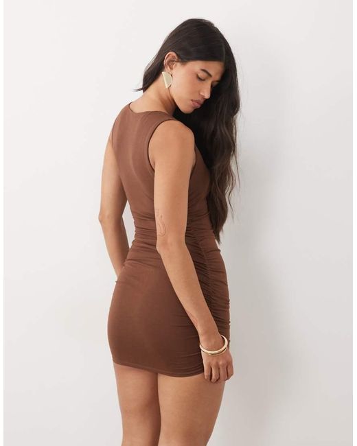 Oh Polly Brown Modal Square Neck Ruched Bodycon Mini Dress