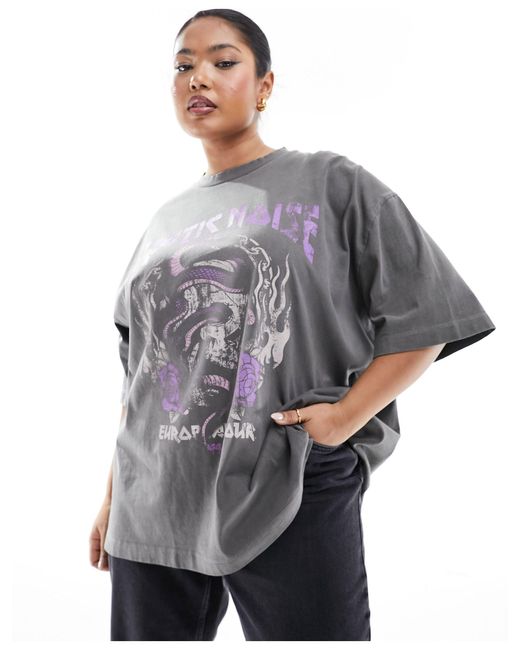 ASOS Blue Asos Design Curve Boyfriend Fit T-shirt With Purple Rock Graphic