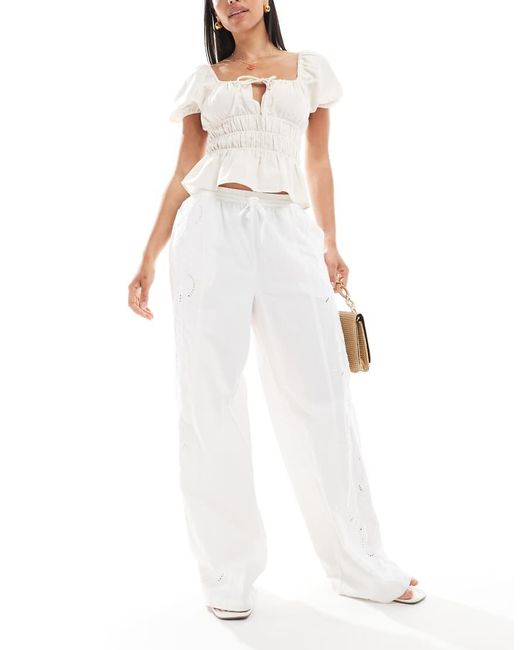 Pieces White Embroidered Wide Leg Trousers