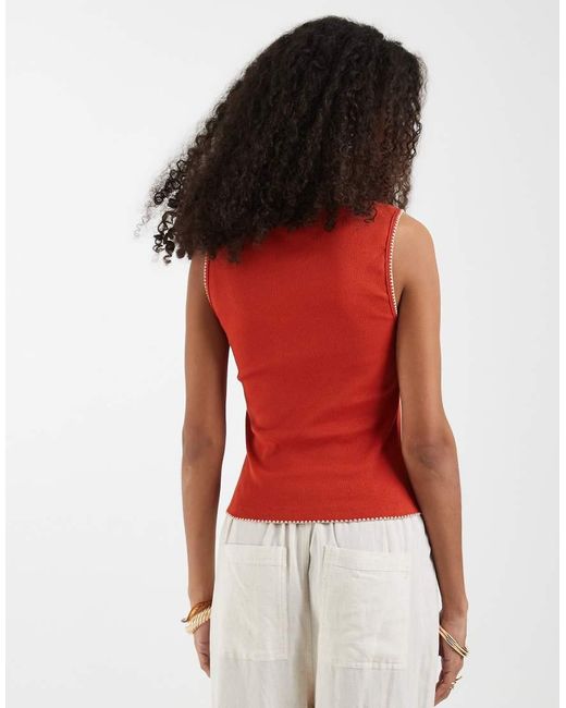 ASOS Red Ribbed Scoop Neck Vest With Blanket Stitch Detail