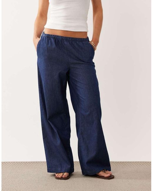 JDY Petite Blue Wide Leg Chambray Trousers