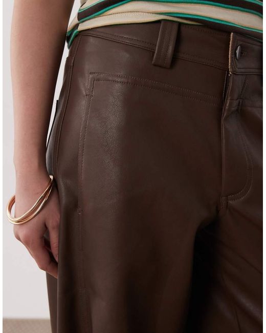 ASOS Brown Petite Faux Leather Barrel Leg Trousers With Seam Detail
