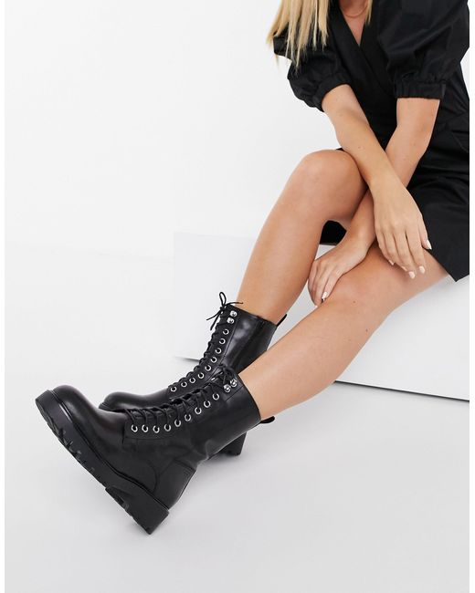 Vagabond Black Kenova Leather Lace Up Chunky Flat Ankle Boots With Warm Lining
