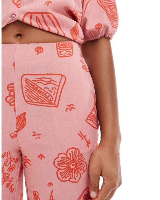 Pantalones Rosas De Talle Alto Y Corte Ancho Con Estampado De Dibujos De (Parte De Un Conjunto) Object de color Red