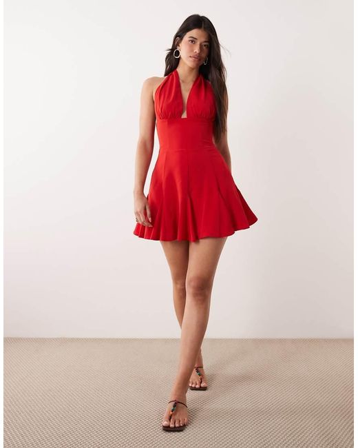 Kaiia Red Exclusive Halterneck Plunge Godet Hem Mini Dress