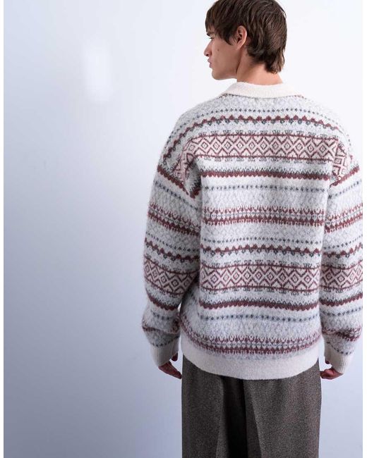 Topman White Regular Fit Fairisle Stripe Knitted Polo for men