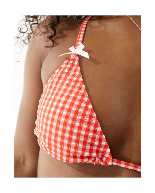 Miss Selfridge Multicolor Textured Gingham Bow Detail Triangle Bikini Top