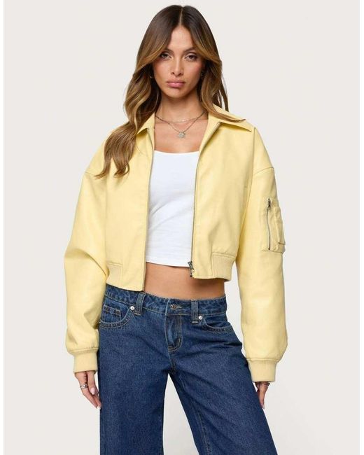Edikted Blue Zayna Cropped Faux Leather Bomber Jacket