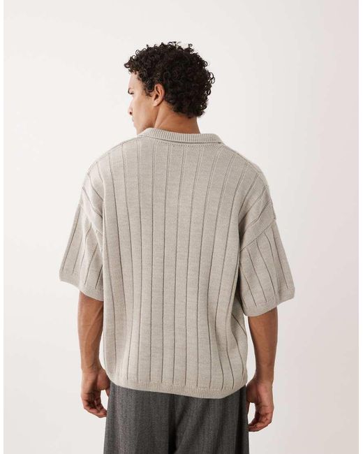 ASOS Gray Oversized Knitted Ribbed Short Sleeve Notch Neck Polo for men