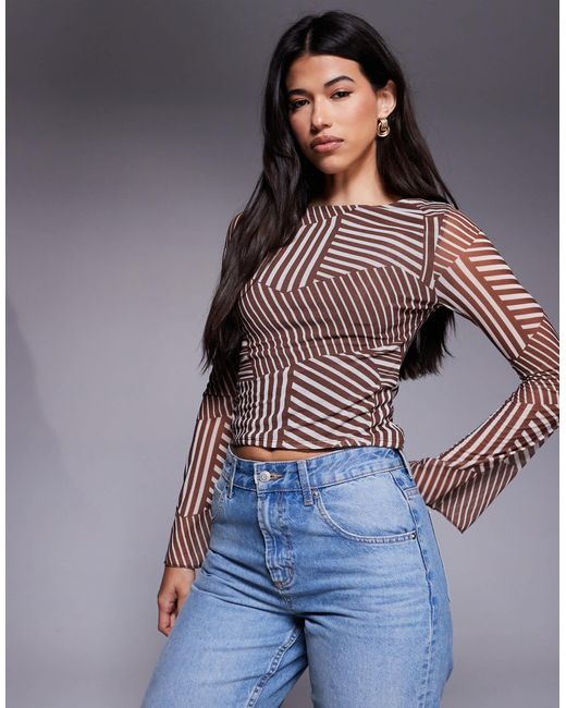 ASOS Multicolor Mesh Boat Neck Flared Sleeve Top