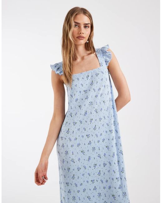 Pieces Blue Plisse Maxi Dress With Frill Sleeves
