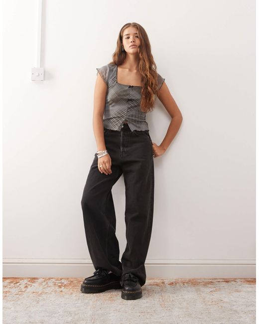 Reclaimed (vintage) Gray Square Neck Split Front Mesh Top