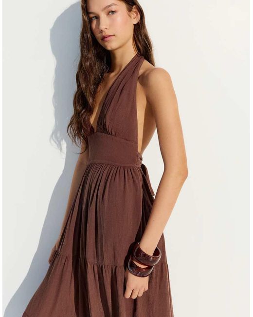 Bershka Brown Long Rustic Halter Dress
