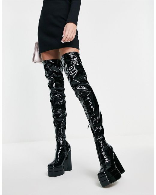 ASOS Black – kathleen – lackierte overknee-stiefel mit plateausohle und hohem absatz