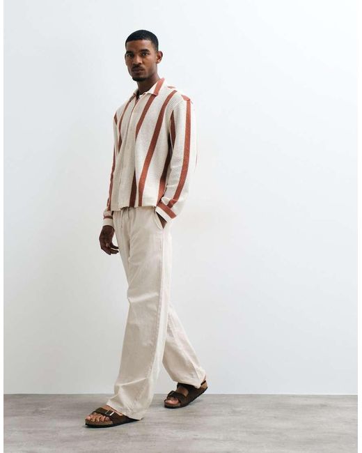ASOS Natural Relaxed Crochet Stripe Shirt With Placket Detail for men