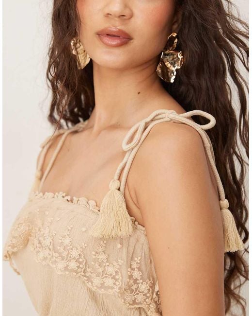 ASOS Natural Co-ord Crinkle Tie Shoulder Lace Trim Bralet Top