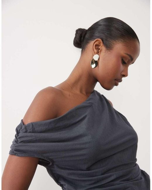 ASOS Blue Linen Look Asymmetric Cowl Neck Top