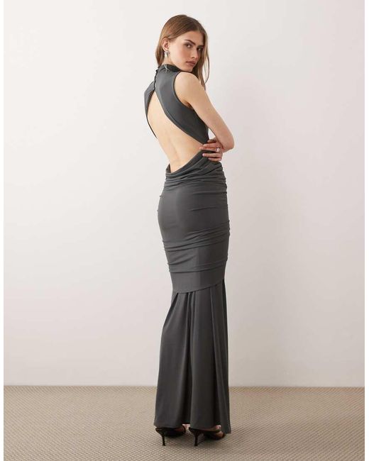 TFNC London Gray Slinky Sleeveless High Neck Ruched Detailing Open Back Maxi Dress