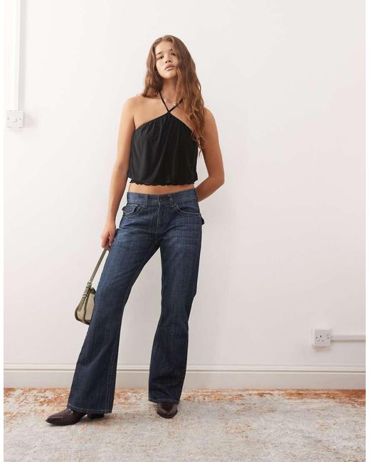 Collusion Blue Slinky Halterneck Top With Lace Trim Detail