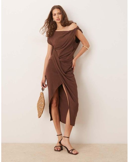ASOS Natural Linen Blend Fallen Twisted Shoulder Wrap Skirt Detail Midi Dress