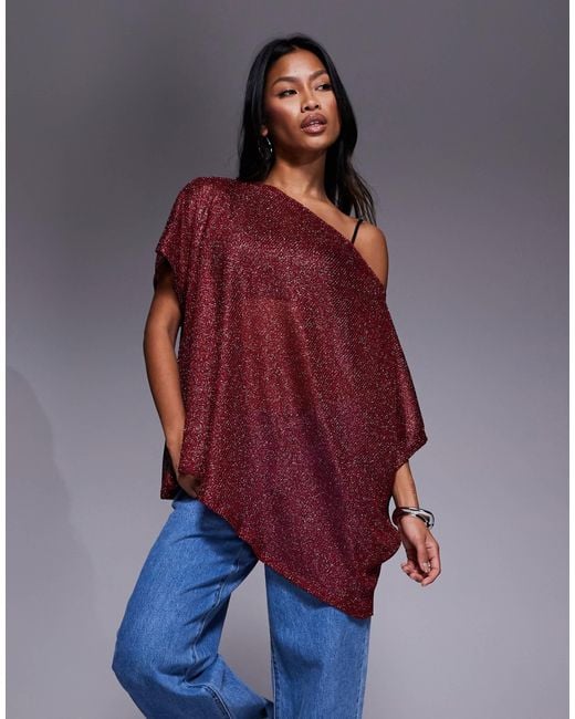 ASOS Red Sheer Metallic Oversized Slouchy Off Shoulder Cape Top