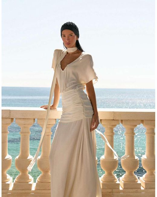 4th & Reckless White Sheer Mesh Tie Front Witted Waist Scarf Detail Maxi Beach Dress