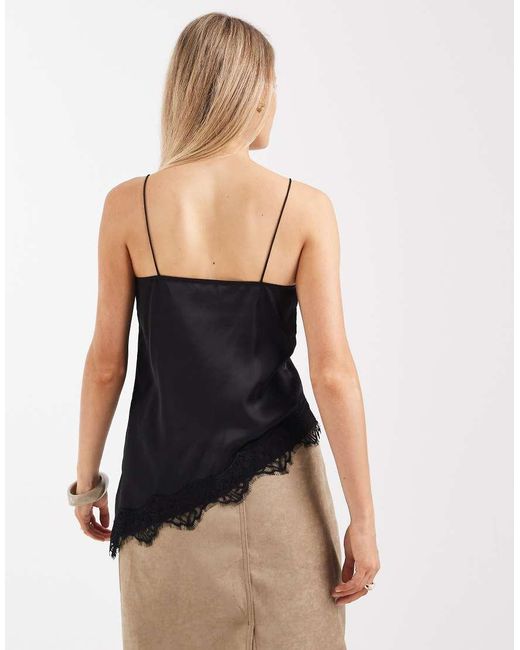 New Look Black Longline Asymmetric Lace Trim Satin Cami Top
