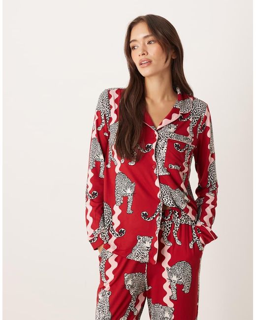 Chelsea Peers Red Poly Long Sleeve Revere Pyjama Set
